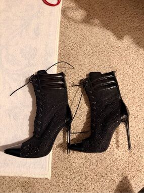 Azalea Wang Black Lace-Up Stiletto Ankle Boots with Crystals